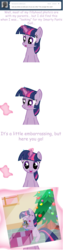 Size: 660x2635 | Tagged: safe, artist:somepony, smarty pants, twilight sparkle, g4, ask, asksparklesanddashie, blue feather, blushing, christmas, christmas tree, feather, filly, filly twilight sparkle, photo, present, tree