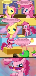 Size: 800x1700 | Tagged: dead source, safe, artist:solar-slash, fluttershy, pinkie pie, g4, c:, comic, cute, eye contact, frown, glare, gritted teeth, looking at each other, open mouth, smiling, sunglasses