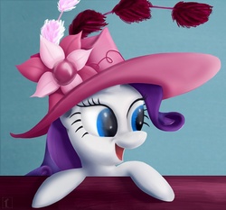 Size: 1071x1000 | Tagged: safe, artist:subjectnumber2394, rarity, pony, unicorn, g4, female, hat, mare, open mouth, solo