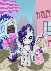 Size: 500x700 | Tagged: safe, artist:jessami, rarity, pony, g4, bags, female, magic, necklace, shopping, solo