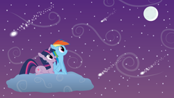 Size: 8000x4500 | Tagged: safe, artist:joey, rainbow dash, twilight sparkle, g4, absurd resolution, cloud, female, meteor shower, moon, night, ship:twidash, shooting star, stars