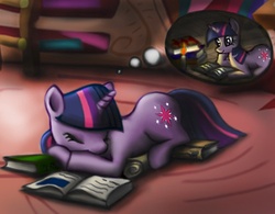 Size: 600x468 | Tagged: safe, artist:pack, twilight sparkle, pony, unicorn, g4, book, female, mare, sleeping, solo, thought bubble