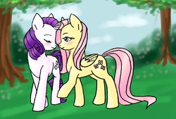 Size: 784x530 | Tagged: safe, artist:uber-kitten, fluttershy, rarity, pegasus, pony, unicorn, g4, blushing, duo, eyes closed, female, lesbian, mare, ship:flarity, shipping