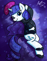 Size: 743x962 | Tagged: safe, artist:megasweet, artist:rustydooks, rarity, pony, unicorn, g4, abstract background, beatnik rarity, beret, clothes, colored, female, hat, lying down, mare, on back, solo, sweater