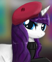 Size: 455x540 | Tagged: safe, artist:shroudofshadows, rarity, pony, unicorn, g4, :c, beatnik rarity, beret, clothes, female, frown, hat, mare, solo, sweater