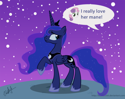 Size: 1310x1042 | Tagged: safe, artist:blackm3sh, princess luna, sweetie belle, alicorn, pony, unicorn, g4, crown, female, filly, foal, jewelry, looking back, mare, night, night sky, raised hoof, regalia, sky, smiling, starry night