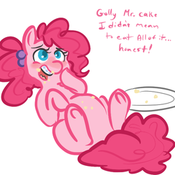 Size: 500x500 | Tagged: safe, artist:mt, pinkie pie, earth pony, pony, g4, alternate hairstyle, belly, fat, female, mare, on back, open mouth, plate, pudgy pie, simple background, solo, white background