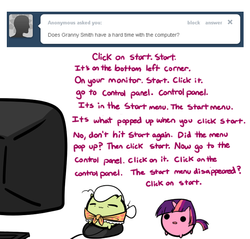 Size: 620x592 | Tagged: safe, artist:pekou, granny smith, twilight sparkle, ask my little chubbies, g4, adorasmith, ask, chubbie, computer, cute, twiabetes