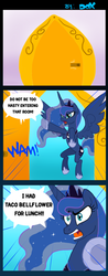 Size: 590x1509 | Tagged: safe, artist:pandadox, princess luna, alicorn, pony, g4, bathroom, comic, crown, dialogue, doctor orpheus, door, female, flying, glare, hoof shoes, implied diarrhea, jewelry, mare, need to poop, open mouth, peytral, potty, potty emergency, potty time, regalia, speech bubble, spread wings, taco, the venture bros., traditional royal canterlot voice, wide eyes