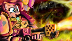 Size: 1800x1024 | Tagged: dead source, safe, artist:laaseensld, pinkie pie, g4, fire, flamer, flamethrower, power armor, powered exoskeleton, space marine, warhammer (game), warhammer 40k, weapon