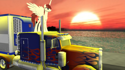 Size: 899x502 | Tagged: safe, oc, oc only, oc:fausticorn, lauren faust, optimus prime, transformers, truck