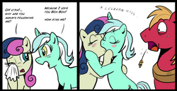 Size: 927x477 | Tagged: safe, artist:madmax, big macintosh, bon bon, lyra heartstrings, sweetie drops, earth pony, pony, unicorn, g4, 2 panel comic, blush sticker, blushing, comic, crying, dialogue, eyes closed, female, kiss on the lips, kissing, lesbian, lesbian in front of boys, looking at each other, male, mare, one eye closed, open mouth, ship:lyrabon, shipping, shocked, shrunken pupils, stallion, straw in mouth, wide eyes