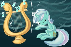 Size: 901x597 | Tagged: dead source, safe, artist:cocolli, lyra heartstrings, pony, g4, eyes closed, female, lyre, music notes, solo