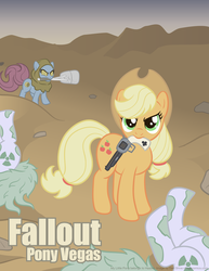 Size: 2550x3300 | Tagged: safe, artist:danshive, applejack, earth pony, pony, g4, dead, fallout, fallout: new vegas, female, gun, high res, looking at you, mare, mouth hold, on back, weapon