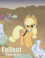 Size: 2550x3300 | Tagged: safe, artist:danshive, applejack, earth pony, pony, g4, brony history, dead, fallout, fallout: new vegas, female, gun, high res, it begins, looking at you, mare, mouth hold, on back, weapon