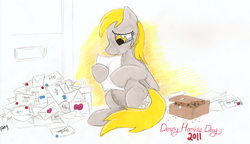 Size: 1064x614 | Tagged: safe, artist:foxxy-arts, derpy hooves, pegasus, pony, g4, crying, female, mail, mare, muffin