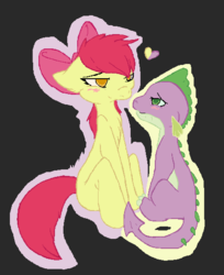 Size: 453x555 | Tagged: safe, apple bloom, spike, g4, blushing, chest fluff, female, heart, interspecies, male, ship:spikebloom, shipping, straight