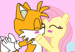 Size: 630x439 | Tagged: safe, artist:kaiamurosesei, fluttershy, g4, crossover, crossover shipping, female, fluttertails, interspecies, kissing, love, male, miles "tails" prower, shipping, sonic the hedgehog (series), straight