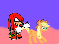 Size: 960x720 | Tagged: safe, artist:kaiamurosesei, applejack, g4, appleknux, crossover, crossover shipping, female, interspecies, knuckles the echidna, love, male, shipping, sonic the hedgehog (series), straight