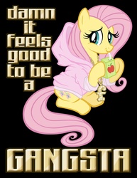 Size: 1024x1325 | Tagged: safe, artist:tygerbug, fluttershy, pegasus, pony, g4, clothes, female, gangsta, gangster, geto boys, hoodie, hug life, juice box, mare