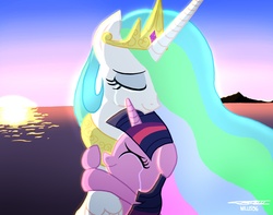 Size: 2356x1856 | Tagged: safe, artist:walliscolours, princess celestia, twilight sparkle, alicorn, pony, unicorn, g4, beautiful, comforting, crying, female, heartwarming, hug, momlestia