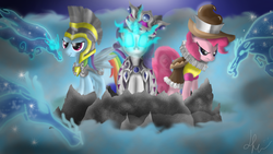 Size: 1920x1080 | Tagged: safe, artist:bronyontheway, chancellor puddinghead, commander hurricane, pinkie pie, princess platinum, rainbow dash, rarity, windigo, g4, clothes, costume, ruff (clothing), trio