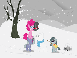 Size: 1600x1200 | Tagged: dead source, safe, artist:burnt-sprinkles, limestone pie, marble pie, pinkie pie, g4, broom, clothes, hat, pie sisters, scarf, snow, snowfall, snowpony, top hat