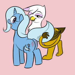 Size: 800x800 | Tagged: source needed, safe, artist:kloudmutt, gilda, trixie, griffon, g4, blushing, butt, female, glixie, interspecies, lesbian, mare, plot, shipping, simple background, spanking, tail slap, tail whip