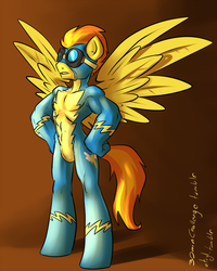 Size: 500x626 | Tagged: safe, artist:atryl, spitfire, anthro, unguligrade anthro, g4, 30 minute art challenge, female to male, firestorm, muscles, rule 63