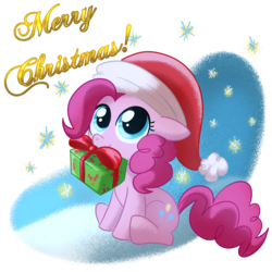 Size: 1000x1000 | Tagged: safe, artist:madmax, pinkie pie, earth pony, pony, g4, christmas, cute, diapinkes, female, filly, floppy ears, hat, holiday, mare, merry christmas, mouth hold, present, santa hat, simple background, sitting, snow, snowfall, solo, transparent background, younger