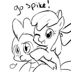 Size: 696x703 | Tagged: safe, apple bloom, spike, g4, female, interspecies, male, piggyback ride, ship:spikebloom, shipping, straight