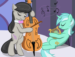 Size: 857x661 | Tagged: safe, artist:explosivegent, lyra heartstrings, octavia melody, g4, cello, lyre, musical instrument