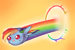 Size: 765x504 | Tagged: safe, artist:pekou, rainbow dash, pony, ask my little chubbies, g4, :3, chubbie, cute, dashabetes, female, flying, open mouth, solo, sonic rainboom