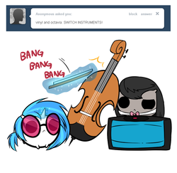 Size: 717x696 | Tagged: safe, artist:pekou, dj pon-3, octavia melody, vinyl scratch, earth pony, pony, unicorn, ask my little chubbies, g4, ask, cello, chubbie, cute, duo, musical instrument, role reversal, simple background, tavibetes, tumblr, turntable, vinylbetes, white background