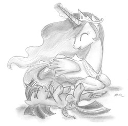 Size: 1444x1428 | Tagged: safe, artist:catscratchpaper, princess celestia, twilight sparkle, g4, cute, grayscale, magic, momlestia, monochrome, on back, prone, smiling, tickling