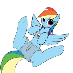 Size: 900x900 | Tagged: safe, artist:kloudmutt, rainbow dash, pegasus, pony, g4, boxers, clothes, female, midriff, shorts, solo, swimsuit, tongue out, underwear, wingboner