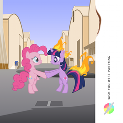 Size: 1600x1600 | Tagged: safe, artist:purpletinker, pinkie pie, twilight sparkle, earth pony, pony, unicorn, g4, album cover, bipedal, female, fire, hipgnosis, mare, parody, pink floyd, ponified, ponified album cover, wish you were here