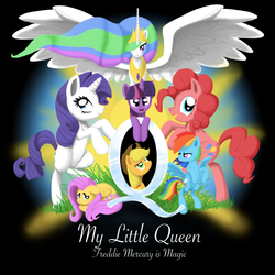 Size: 757x757 | Tagged: safe, artist:hak2, applejack, fluttershy, pinkie pie, princess celestia, rainbow dash, rarity, twilight sparkle, alicorn, earth pony, pegasus, pony, unicorn, g4, album cover, horn, parody, ponified, ponified album cover, queen (band), unicorn twilight