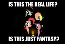 Size: 640x434 | Tagged: safe, fluttershy, pinkie pie, rainbow dash, twilight sparkle, g4, adventure in the comments, bohemian rhapsody, image macro, queen (band), song in the comments