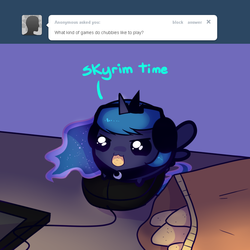 Size: 800x800 | Tagged: safe, artist:pekou, princess luna, ask my little chubbies, gamer luna, g4, ask, chubbie, cute, lunabetes, skyrim, the elder scrolls