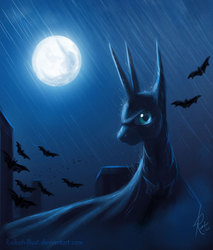 Size: 1148x1347 | Tagged: safe, artist:grissaecrim, princess luna, bat, g4, batman, female, full moon, mare in the moon, moon, night, rain, solo