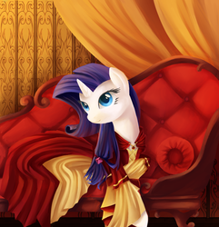 Size: 869x900 | Tagged: safe, artist:aurarrius, rarity, pony, unicorn, g4, clothes, couch, dress, female, mare, solo