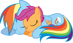 Size: 5501x3253 | Tagged: safe, artist:mixermike622, artist:mowza2k2, rainbow dash, scootaloo, pegasus, pony, absurd resolution, cuddling, duo, eyes closed, female, filly, foal, mare, scootalove, simple background, sleeping, snuggling, transparent background, vector