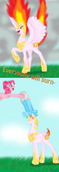 Size: 555x1598 | Tagged: safe, artist:miharuchu, nightmare star, pinkie pie, princess celestia, alicorn, earth pony, pony, g4, 2 panel comic, actually pretty funny, bucket, comic, didn't think this through, fail, hilarious in hindsight, in which pinkie pie forgets how to gravity, pinkie being pinkie, pinkie physics, water