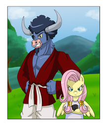 Size: 600x686 | Tagged: safe, artist:himanuts, fluttershy, iron will, g4, badass, dragon ball, dragon ball z, flutterbadass, mr. satan, parody, videl