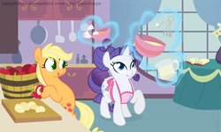 Size: 900x540 | Tagged: safe, artist:egophiliac, applejack, rarity, g4, apple, baking, duo, food, magic