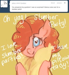 Size: 642x700 | Tagged: dead source, safe, artist:dhui, pinkie pie, ask tired pie, g4, pillow, tumblr