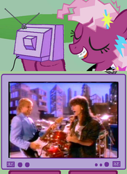 Size: 511x700 | Tagged: safe, cheerilee, earth pony, pony, g4, 80s, 80s cheerilee, alex lifeson, exploitable meme, geddy lee, meme, music, neil peart, power windows, rush, the big money, tv meme