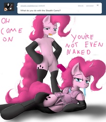 Size: 1280x1472 | Tagged: safe, artist:laaseensld, pinkie pie, earth pony, pony, semi-anthro, ask twilight spankle, g4, bedroom eyes, belly, belly button, bipedal, clothes, dialogue, duo, english, featureless crotch, female, hooves on hips, kinkie pie, looking at you, looking down, lying, mare, on side, open mouth, simple background, talking, tumblr, twilight spankle, we don't normally wear clothes, white background