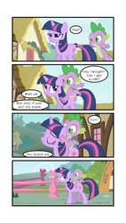 Size: 900x1590 | Tagged: safe, artist:stratusxh, spike, twilight sparkle, dragon, pony, unicorn, g4, comic, dragons riding ponies, female, lip bite, male, mare, riding, spike riding twilight, tail, tail pull